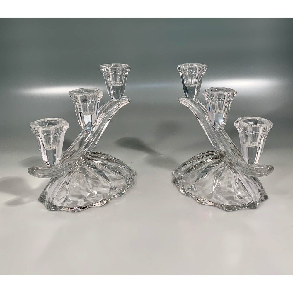 Set of 2 Anna Hutte Bleikristall 3-Light Candlesticks Cascading Glass Waves